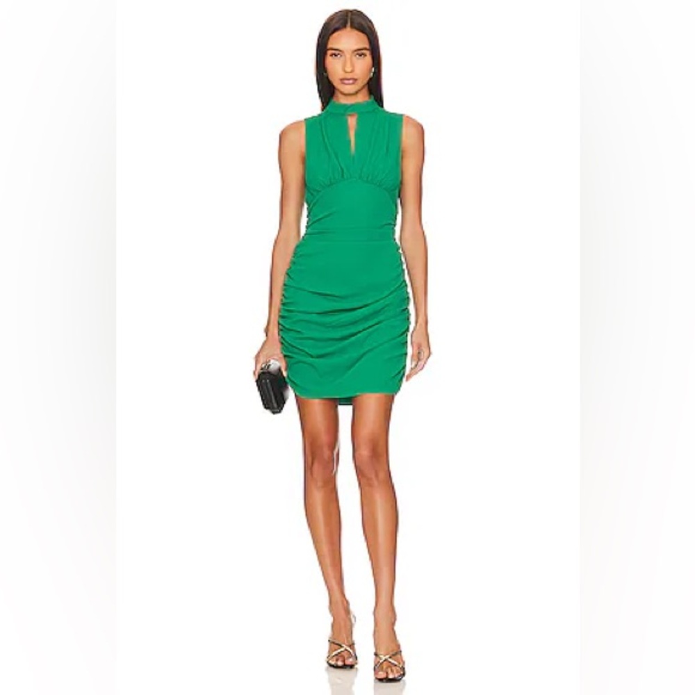 Amanda Uprichard Kimora Mini Dress in Dark Green Size XS Cut Out V-Neck Ruched